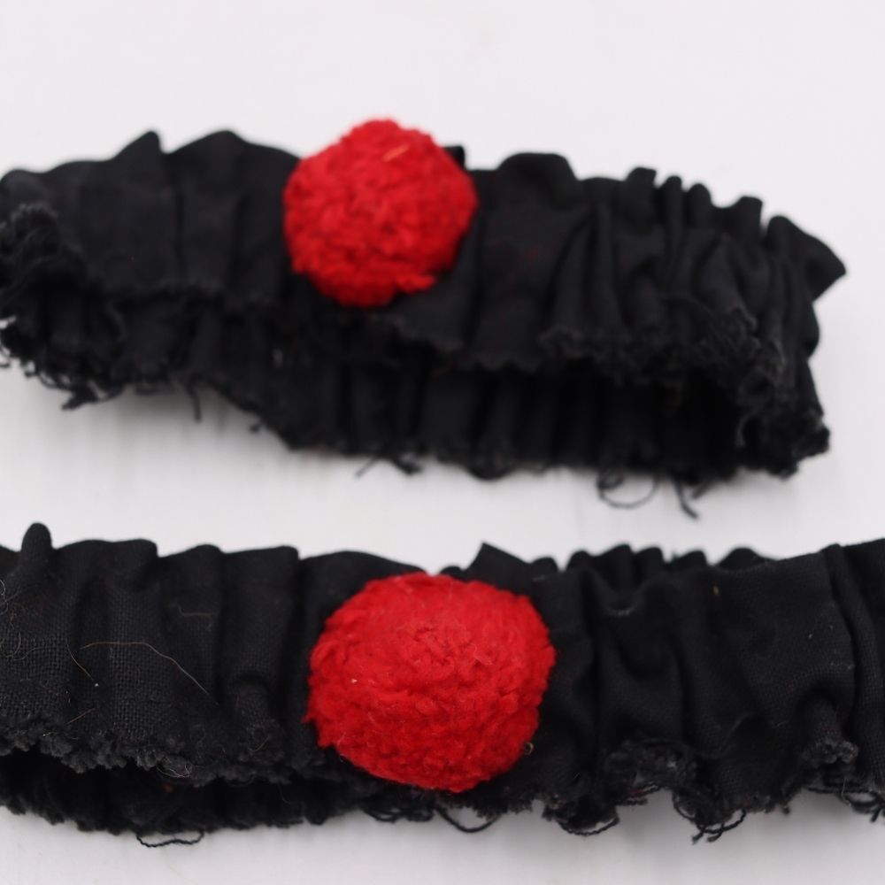 Vintage Black Ruffle Cuffs with Red Pom Pom Trim Elastic Accessories